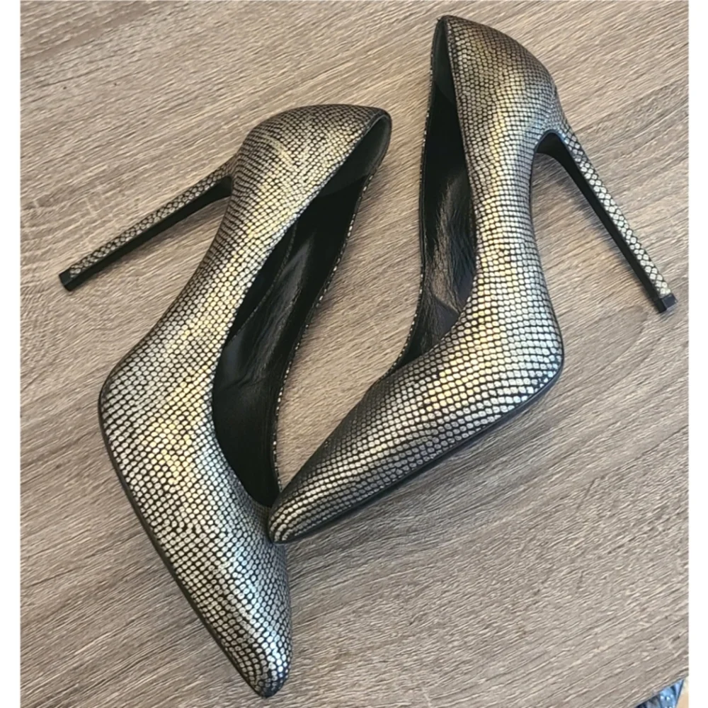 SAINT LAURENT Metallic Snake-Effect Leather Pumps Heels Size 9.5 | YSL